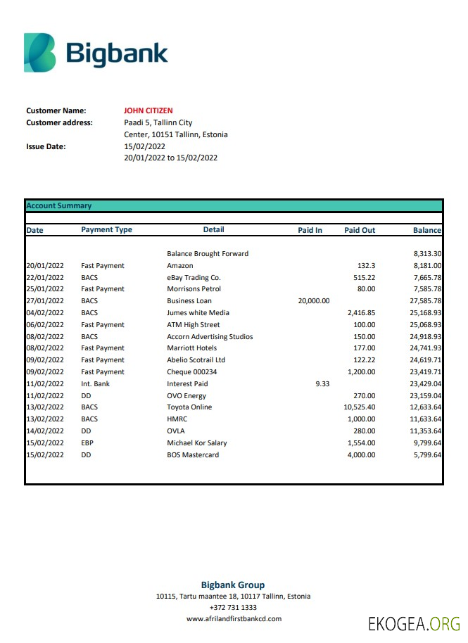 Relevé bancaire de la Bigbank d'Estonie